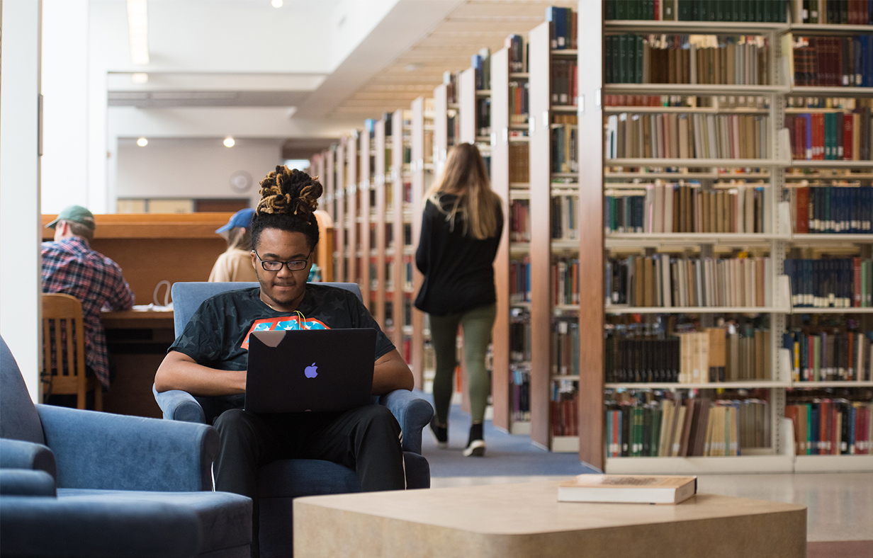 A student works on a laptop in the J.D. Williams Library