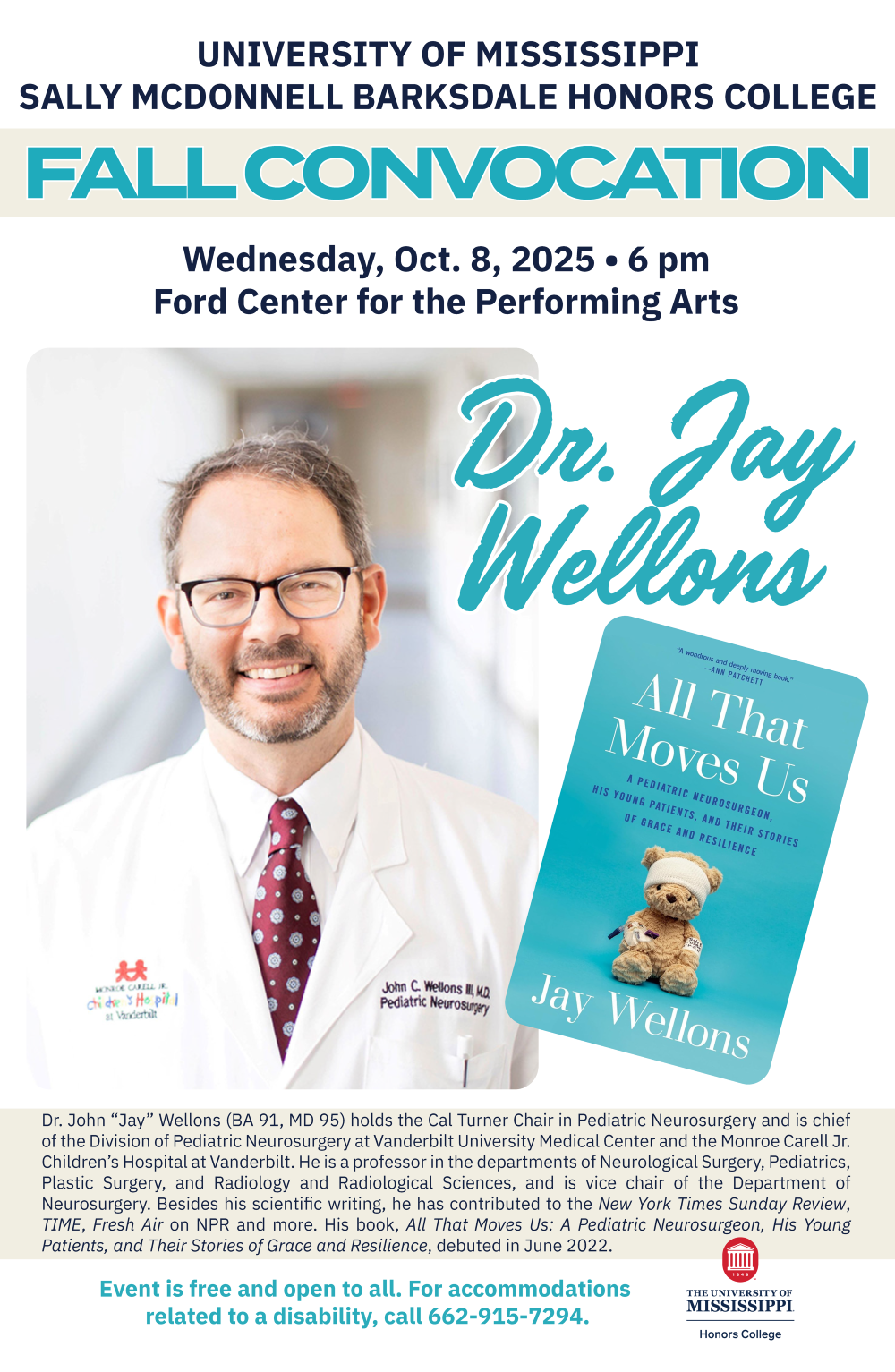 Honors Fall Convocation Poster with professional headshot of Dr. Jay Wellons and cover of his book All That Moves Us
